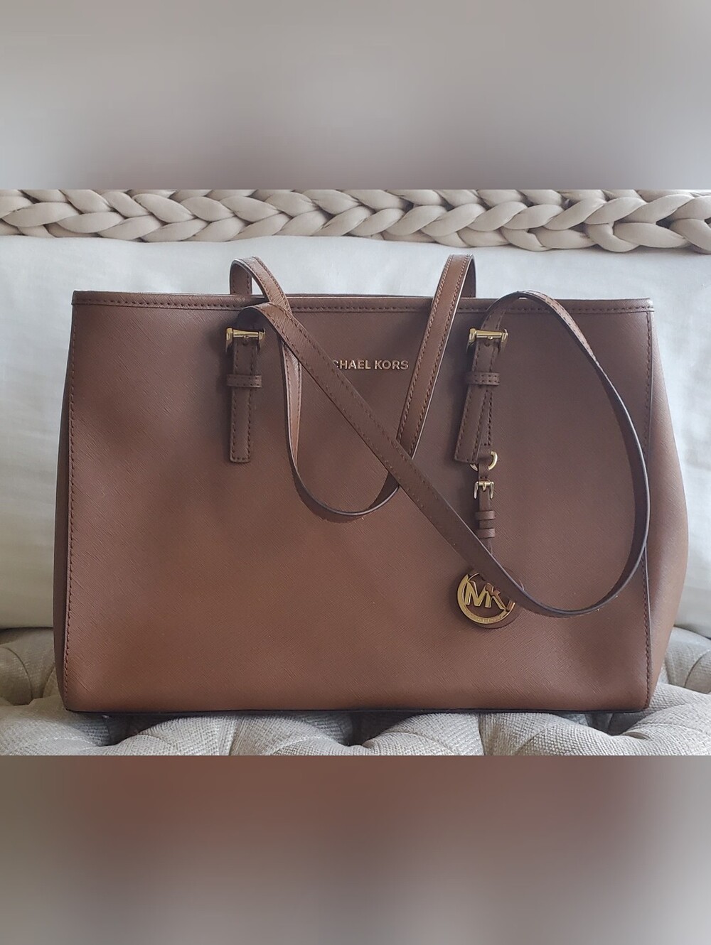 Michael Kors Jet Set Travel Saffiano Leather Tote Luggage Brown NWOT